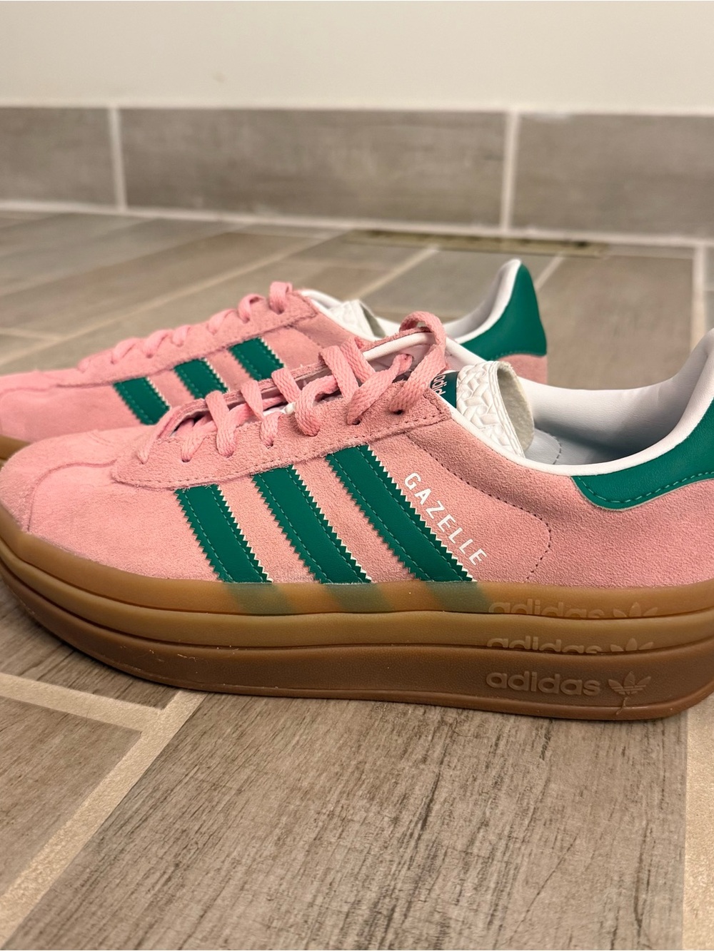 adidas Gazelle Platform Sneakers in Pink with Green Stripes